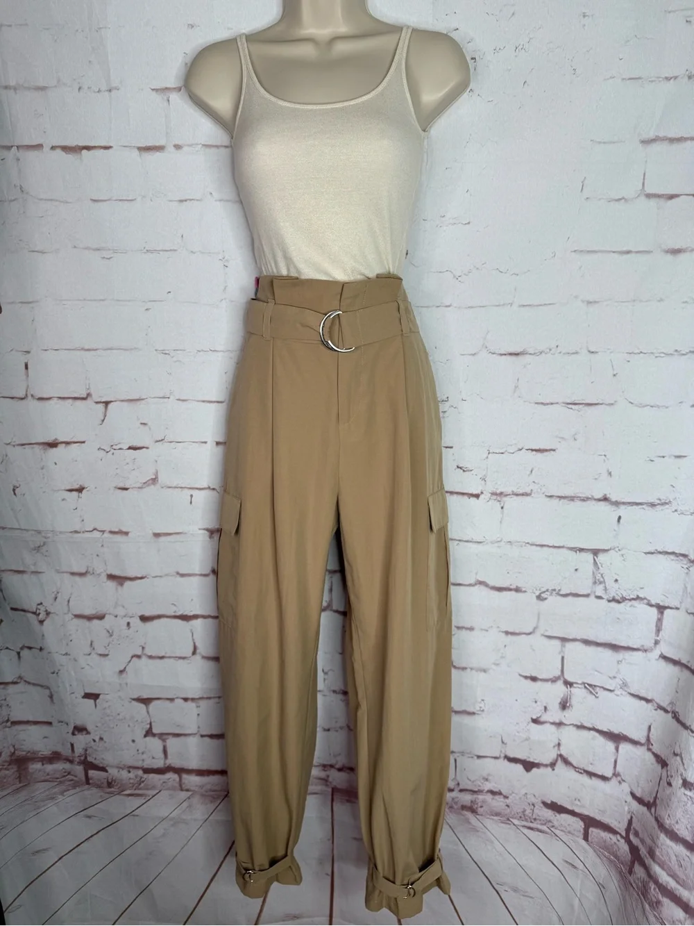 ZARA New With Tag M High Rise Paper Bag Straight Leg Camel Cargo Pants Medium - Picture 9 of 15